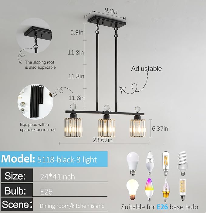 Modern Dining Room Light Fixture Over Table, Crystal Pendant Lights Kitchen Island, Chandeliers for Dining Room Kitchen Light Fixtures (E26) 3-Light Black