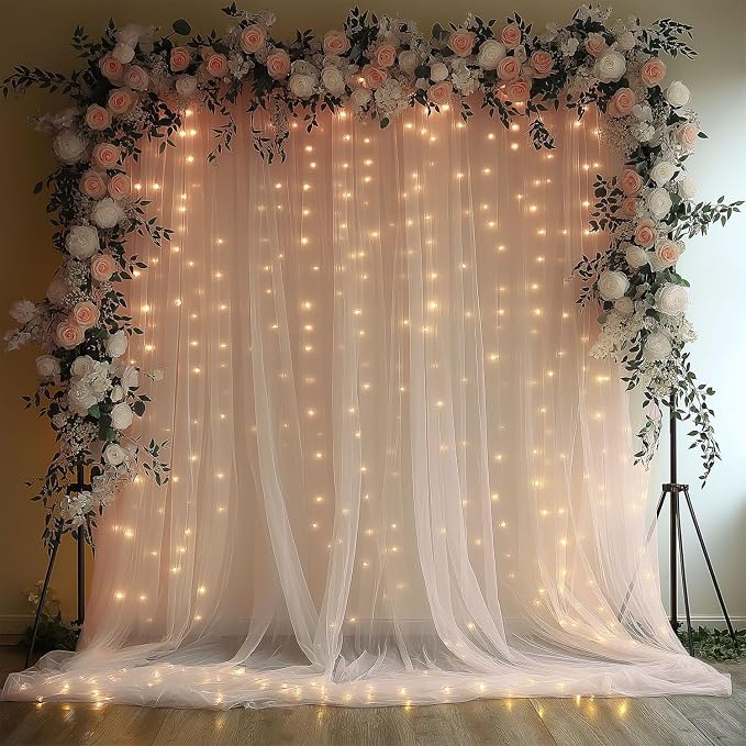 Champagne Tulle Backdrop Curtain with Lights String10x8ft Sheer Drapes for Wedding, Birthday, Baby Shower, Bridal Shower, Photo Booth, Party, Home Decor (2 Panels)