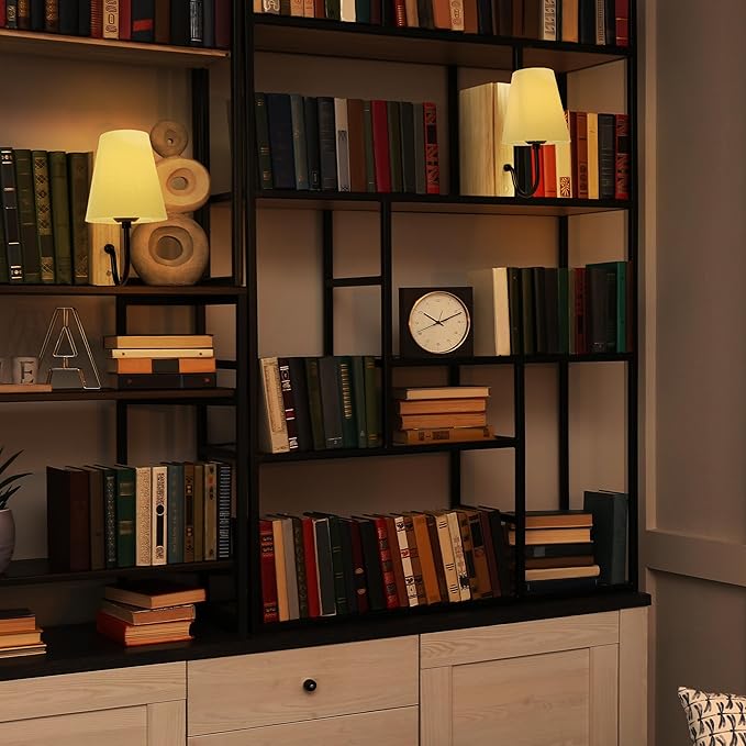 AELS Wooden Bookshelf Lamp with Bulb, Cordless Touch Dimmable Table Lamp with Linen Fabric Shade, Battery Operated, Modern Decorative Bookend, Book Sconce for Office Home Bedroom Bookshelf, Natural