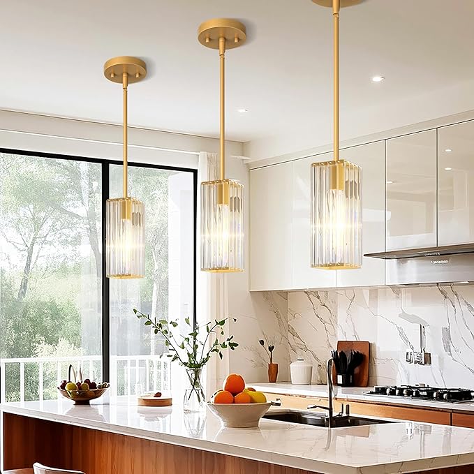 Crystal Pendant Lights for Kitchen Island - 10" Gold Adjustable Chandelier, Dimmable E26 Hanging Fixture, Modern Lighting for Dining 1pcs