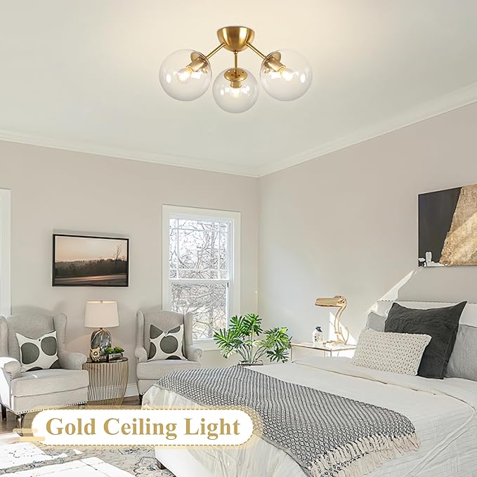 Mid-Century Modern Semi Flush Mount Ceiling Light 3 Lights Clear Glass Modern Globe Ceiling Light Gold Brass Sputnik Chandeliers for Hallway Entryway Kitchen Bedroom Laundry(Bulb Incl.)