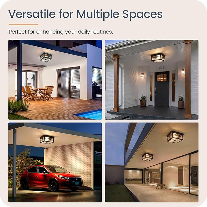 Infrared Sensor Outdoor Ceiling Light, Flush Mount Motion Sensor Ceiling Light, 2-Light Black with Ripple Glass, Bulbs Not Included, 4 Modes, for Porch, Garage, Hallway, Patio,BS07XD05W1