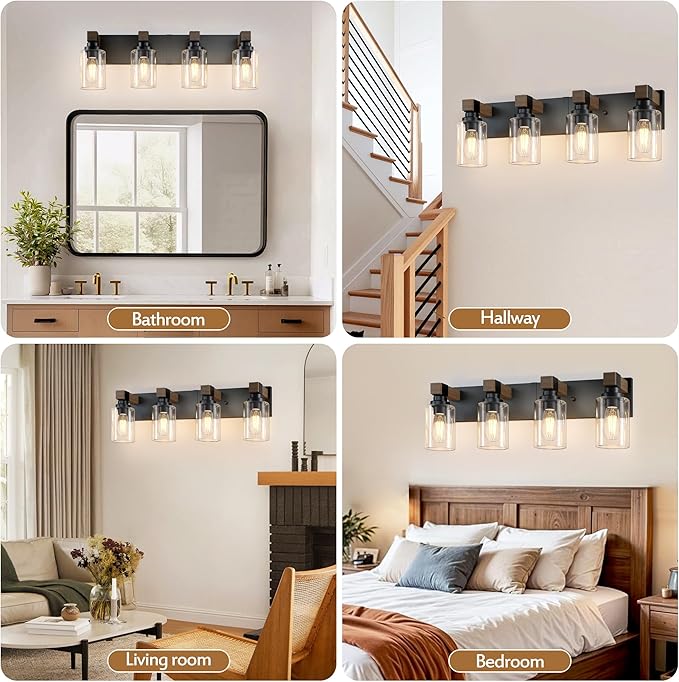 Farmhouse Bathroom Vanity Light Fixtures, Rustic 4-Light Wood Vanity Lights for Bathroom, Vintage Black Wall Sconces Lighting, Light fixtures Over Mirror, with Glass Shade