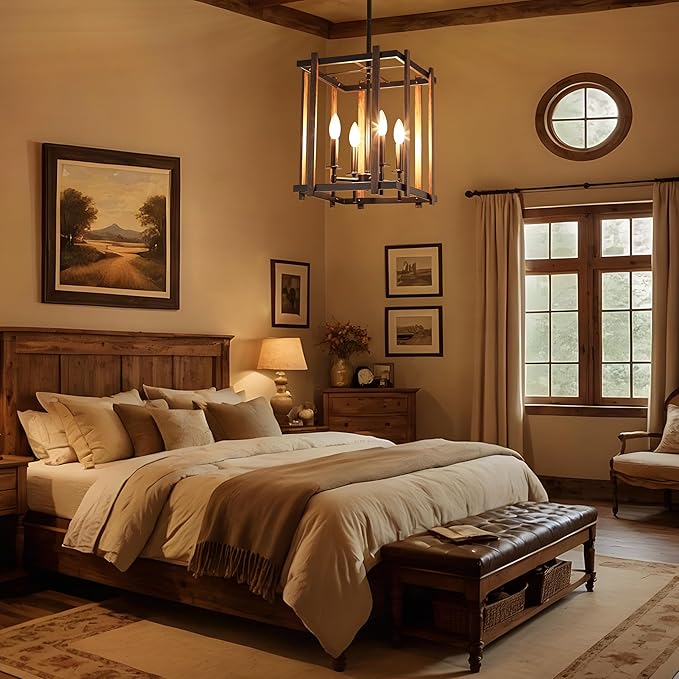 4-Light Farmhouse Chandelier Faux Wood Chandeliers Dining Room Light Fixture Adjustable Rustic Cage Pendant Light Fixtures for Kitchen Island Entryway Bedroom