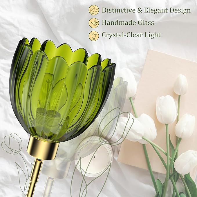 MOKOQI Wall Sconces Set of 2 Battery Operated | Tulip Glass Wall Lamps Rechargeable 5200mAh Wireless Wall Sconce Dimmable for Bedroom Living Room Hallway, Elegant Green Tulip Lampshade Wall Decor