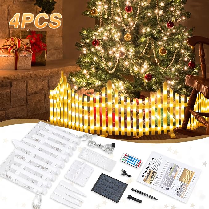 Hopolon 4 Pack Solar Garden Lights Outdoor, 11.1in (H) X 4.6ft (L) 144 Led White Picket Fence Border Solar Powered with Remote, Decorative Christmas Lights for Tree Yard Pet Barrier