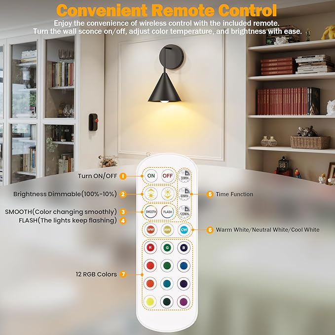 MATAMEYE Rechargeable Wall Sconce Set of 2, Black Wireless Battery Operated Wall Lamp with Remote, Dimmable & Timer, Modern Industrial Indoor Light Fixture, Bulb Included