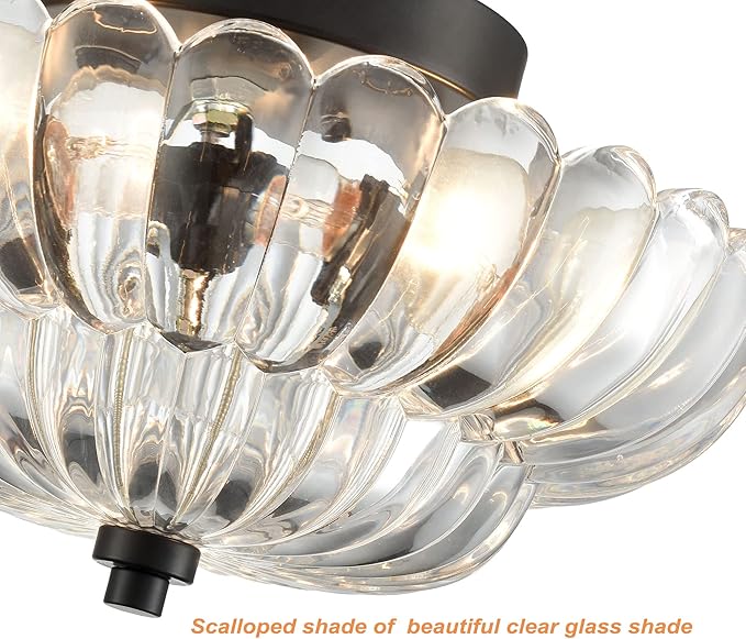 HYDELITE Modern Black Ceiling Light Traditional Semi Flush Mount Ceiling Light with Scalloped Clear Glass for Living Room Hallway Close to Ceiling Light Fixture