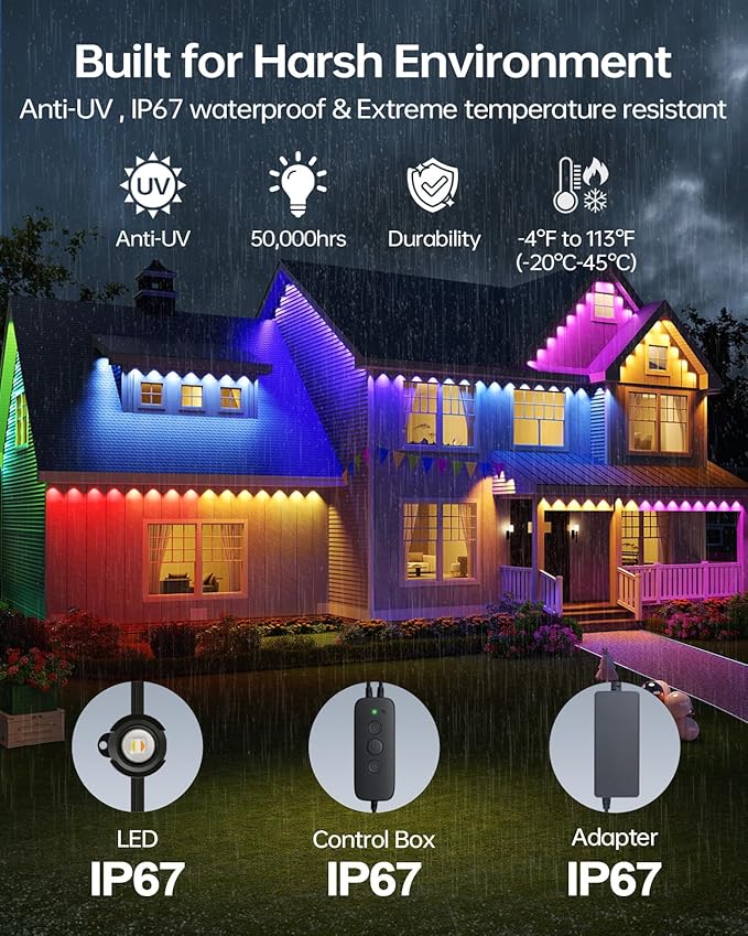 ASAHOM AI Permanent Outdoor Lights S107B, 100FT with 72 RGBCW LED Lights, 30,000 Lighting Effect, Controller with Dual Output, Extend to 800FT, Cuttable for House Outdoor Decor Daily Lighting, Black