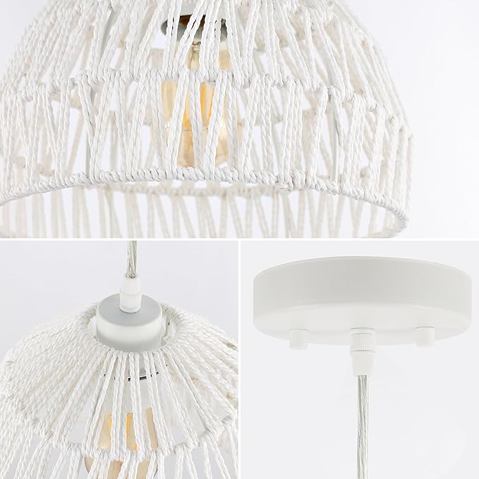 JONATHAN Y 10.25" White Modern Bohemian Woven Rope LED Pendant Light Fixture, Adjustable Dome Ceiling Lamp for Kitchen Island, Rope Shade, Coastal Farmhouse Decor (JYL6513A)