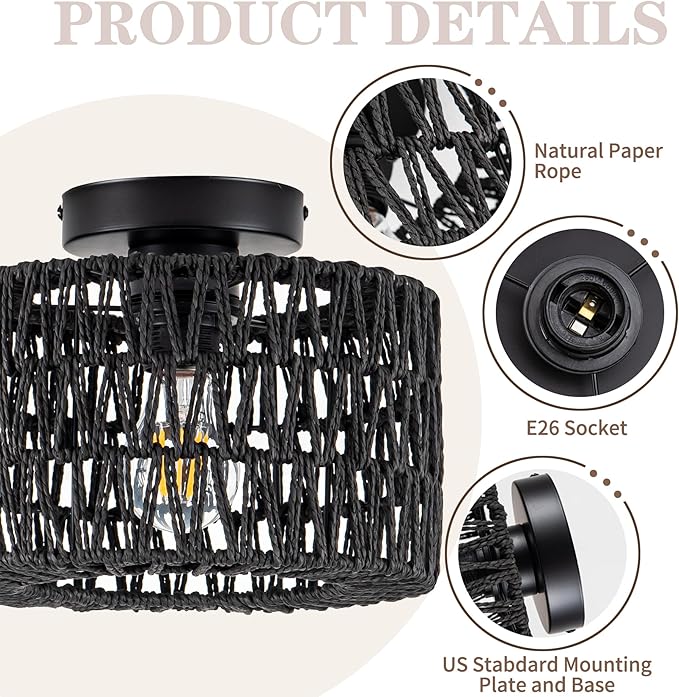 Rattan Ceiling Light, 1 Light Farmhouse Woven Flush Mount Ceiling Light, Boho Light Fixture for Bedroom Living Room Hallway Entryway, Black Finish
