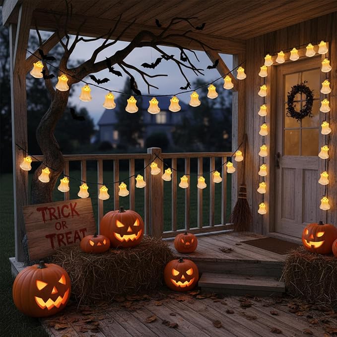 Halloween Ghost Lights,8.5Ft Halloween Fairy Decorations Lights with 10 LED White Ghost Lamp Waterproof UL Listed for Indoor Bedroom Patio Backyard Camping Desk Party Decor