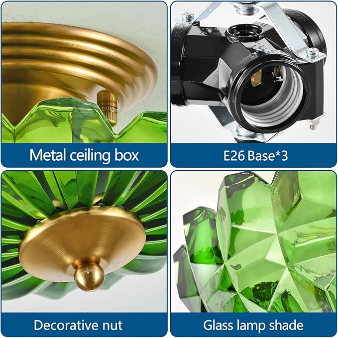 Semi Flush Mount Ceiling Light, 3-Light Kitchen Ceiling Lighting Fixtures with Green Glass Lampshade, Gold Modern Chandelier for Living Room Bedroom Hallway