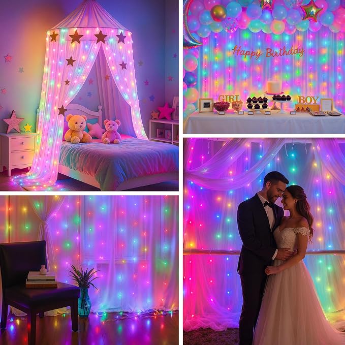 DomeStar 300 LED Fairy Curtain Lights, 9.8ft x 9.8ft Holiday Party Waterproof String Hanging Lights with 8 Modes Remote, Plug‑in Design for Bedroom Patio Garden Party Wedding Wall Decor (Multicolor)