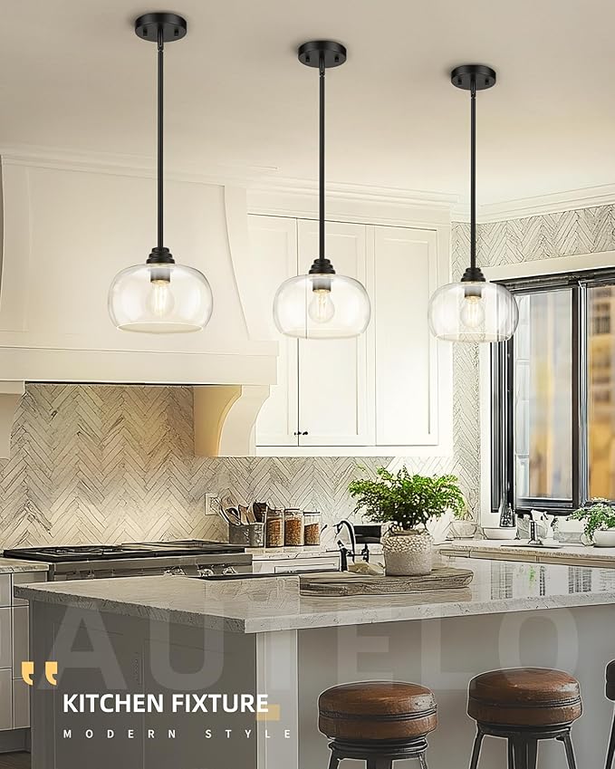 AUTELO 2 Pack Matte Black Pendant Lights, Kitchen Pendant Lights Over Island with Clear Drum Glass, Island Pendant Lights for Kitchen Dining Room Bar, H9385 BK-R-2PK