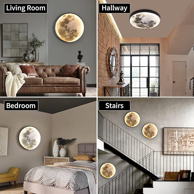 QIYIMEILUX Dimmable Moon Wall Sconce Plug in Modern LED Wall Light with Remote Control 19.7 inch 24W Black Wall Lamp Indoor Wall Mounted Lighting Ceiling Light for Living Room Bedroom(Moon)