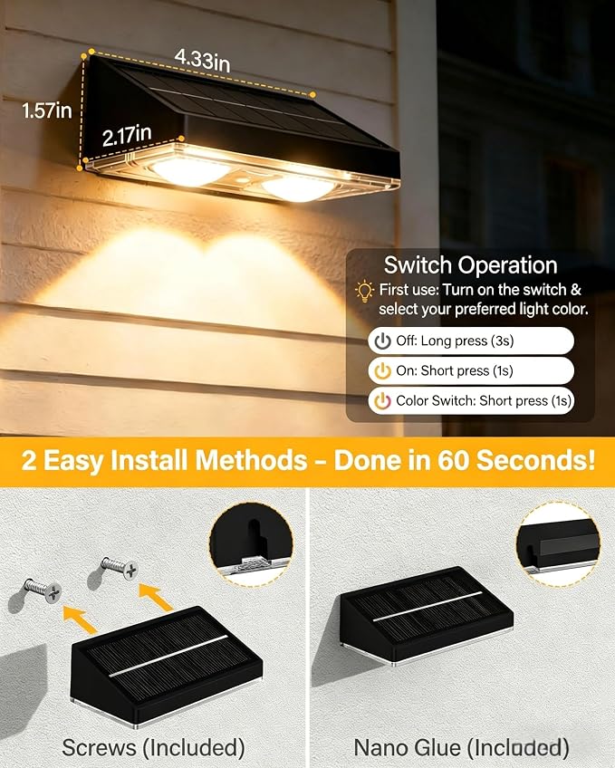 Solar Fence Lights Outdoor, Ultra-Bright 85LM Fence Lights Solar Powered, 9 RGB Color Modes, IP65 Waterproof, 12H Dusk to Dawn Glow for Pool/Deck/Patio/Wall/Backyard, 2 Pack, Matte Black