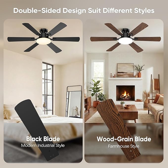 52 Inch Ceiling Fans with Lights, Upgraded 6 Blades Ceiling Fan with Light Remote, Quiet 6 Speed Reversible DC Motor, Modern Design, Flush Mount, 3CCT Dimmable LED, Double Sided for Bedroom Livingroom