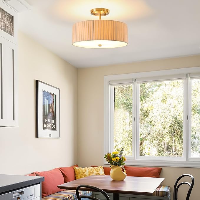 13.8 Inch Semi Flush Mount Ceiling Light Fixture, 3-Light Modern Farmhouse Drum Pendant with Fabric Shade for Bedroom Hallway Entryway Living Room (Oatmeal Pinch Pleated+Brushed Bronze)