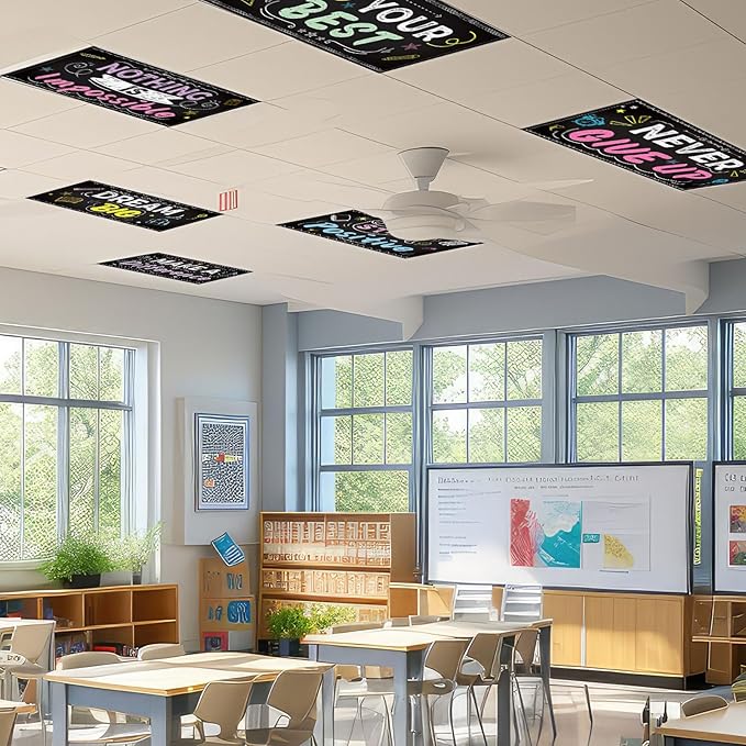 6Pcs Inspirational Fluorescent Light Covers for Classroom Ceiling Light 4x2Ft Motivational Word Magnetic Lights Cover Filter Easy Install for Back to School Office Hospital Ceiling Supply (Blackboard)