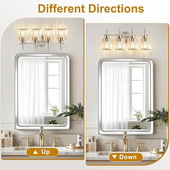 EJIAXIN Crystal Bathroom Vanity Lights, 4 Light Bath Mirror Light Brushed Nickel Round Crystal Wall Mount Light Fixture Over Mirror Morden for Living Room