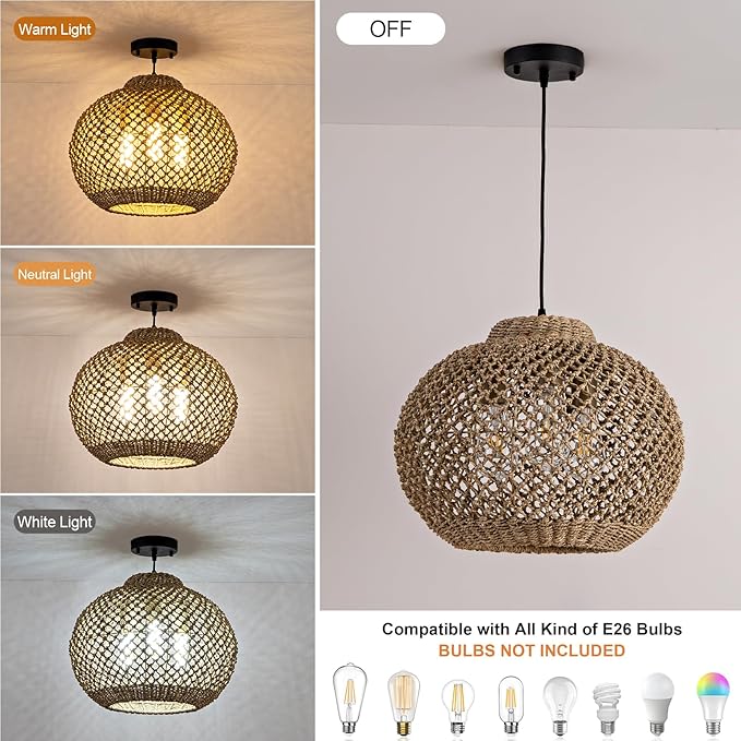 Farmhouse Rattan Chandelier 17” Boho Natural Seagrass Hanging Pendant Lights 3-Lights Hand-Woven Wicker Dining Room Light Fixture for Kitchen Island Entry Living Room Bedroom Hallway