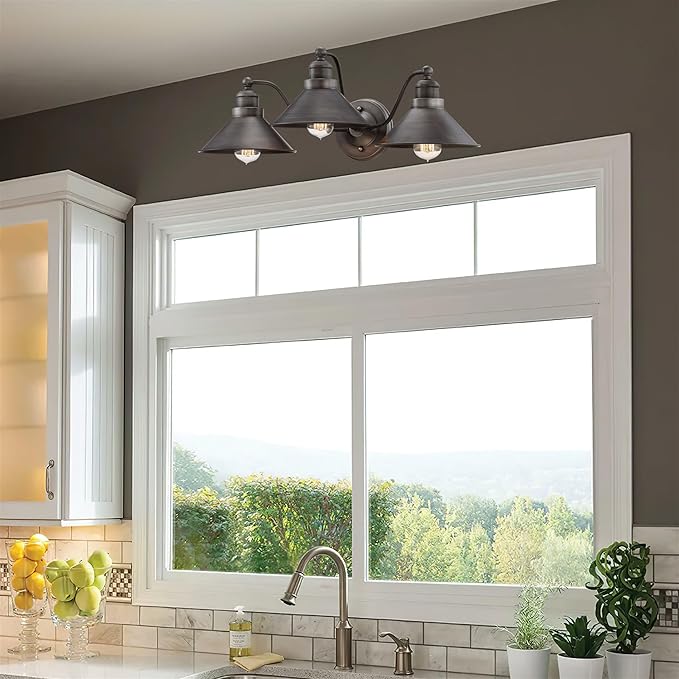 Kira Home Welton 25.5" 3-Light Modern Farmhouse Vanity Light with Funnel Shades, Industrial Dark Bronze Wall Sconce Bathroom Light, Brushed Dark Bronze Finish