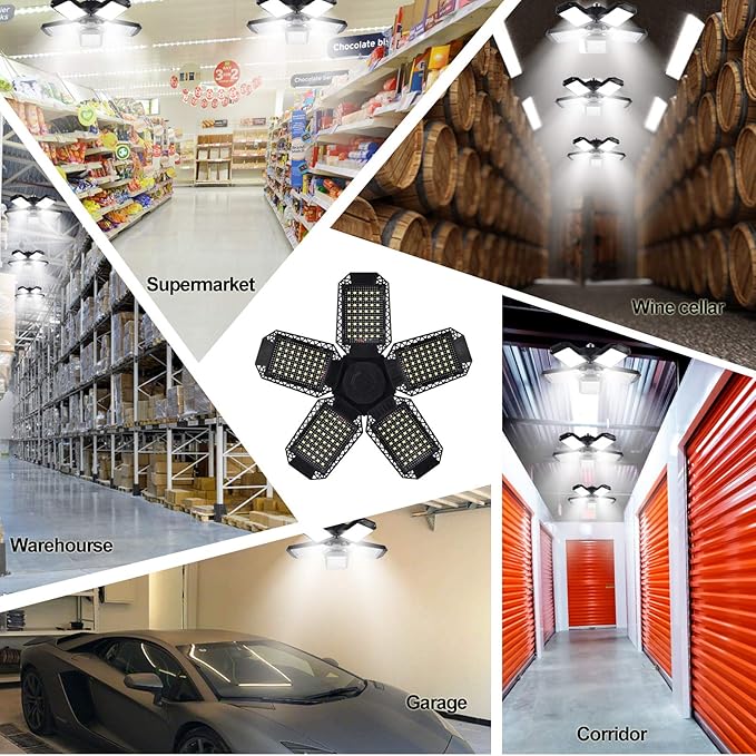 Mefflypee 2 Pack LED Garage Lights, 120W Deformable LED Garage Ceiling Light with 5 Adjustable Panels, 12000LM E26 Shop Lamp for Basement, Barn, High Bay, Store (2 Pack)