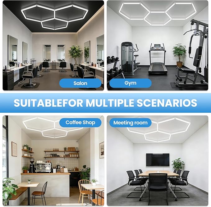 Hexagon Garage LED Ceiling Light 98W, 11700 Lumens, 6500K Ultra-Bright Expandable DIY Design Ideal for Auto Detailing, Workshops, Basements, Barber Shops, Gyms, and More (3 Pack)