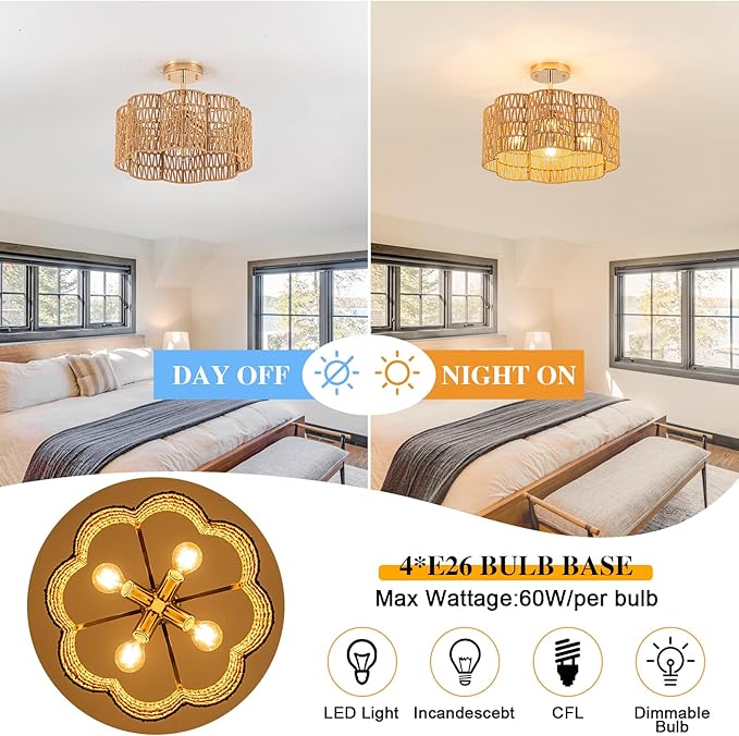 Plum Blossom Ceiling Light & Rattan Chandelier with Fabric Shade(16.5" 4•Light) | √UL-Listed Flush Mount & Fire-Safe PC Panels for Boho Kitchen Islands | Modern Farmhouse Dining Room Lighting