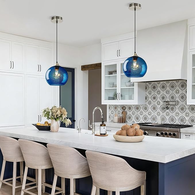 7.1in Medium Blue Glass Pendant Light for Kitchen Island, 2-Pack with Extra LED Bulbs & 4.92ft Adjustable Cord | Modern Minimalist Lighting for Dining Room, Living Room, Entryway