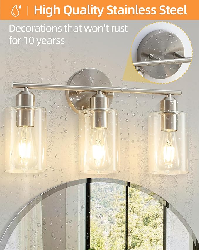 Brushed Nickel Vanity Lights - 3-Light Modern Bathroom Lighting Fixtures with Clear Glass Shade - Wall Sconce for Hallway - 2Pack