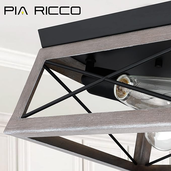 Pia Ricco Flush Mount Ceiling Light Fixture, Industrial Outdoor Ceiling Light for Front Porch, Rustic Farmhouse Style, Modern Square Light for Entry, Hallway, Kitchen, Grey