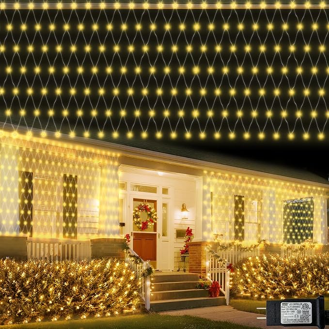 Christmas Net Lights, 610 LED Large Outdoor Net Mesh Lights 34.5X 5ft, 8 Modes Waterproof Twinkle String Lights Connectable for Bushes Christmas Yard Decor, Warm White