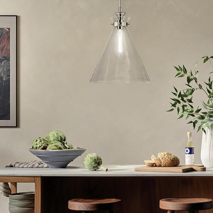 Kichler Laria 1-Light Pendant, Updated Traditional Light, Sloped Ceiling Compatible, for Kitchen with Clear Glass in Polished Nickel (19.75" x 16"), 52775PNCLR