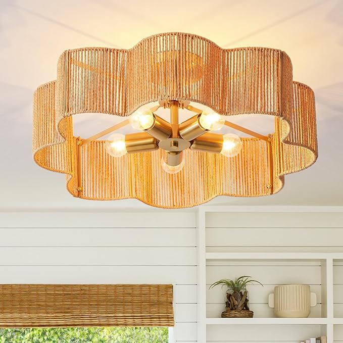 21” Rattan Light Fixtures Ceiling Light, Wicker Boho Chandelier with Hand Woven Brushed Brass Finish Flower Shade for Kids Room Bedroom Laundry Room Cloak Room 5-Light