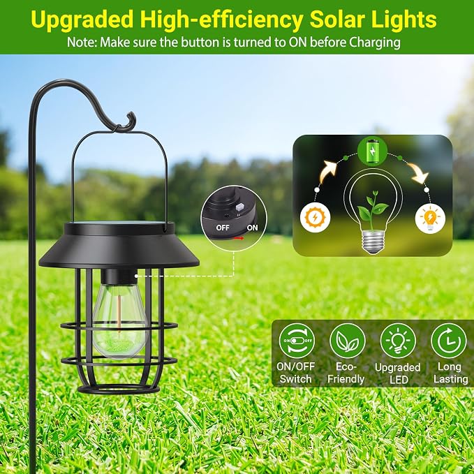 Solar Lanterns Outdoor Waterproof, High Brightness Hanging Solar Lights for Outside with Wall Hooks, Christmas Decor Retro Metal Outdoor Lanterns Auto On/Off for Patio, Yard Decor, Black, 2Pack