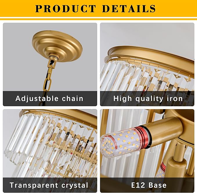Gold Crystal Chandelier 22.9" 10-Lights Modern Crystal Pendant Lights 4-Tier Luxury K9 Hanging Dining Room Lighting Fixture for Living Room Bedroom Kitchen Island Entryway Stairway Office