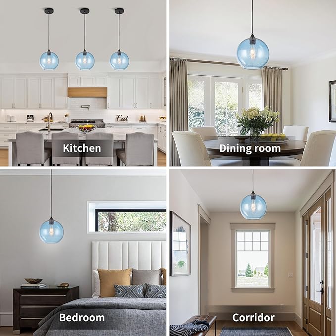 Blue Glass Pendant Lights Kitchen Island Lighting Modern Globe Pendant Light Fixtures Modern Pendant Lights for Kitchen Island Bedroom Living Dining Room Light Fixture-7.8inch 2Pack