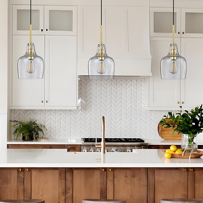 3 Pack 1 Light Indoor Hanging Kitchen Island Pendant Ceiling Light 6.1" Clear Seeded Glass Fixture,Brushed Bronze Finish for Farmhouse Over Sink Bedroom Hallway