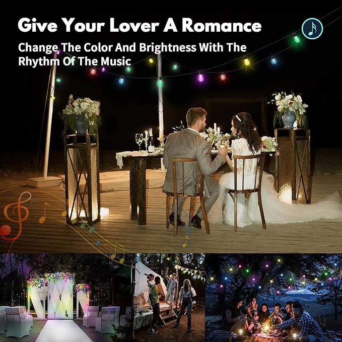 XHT Outdoor String Lights 49FT, Color Changing RGBW Patio String Lights with 15 LED Bulbs, App & Remote Control, IP66 Waterproof Shatterproof Backyard Lights