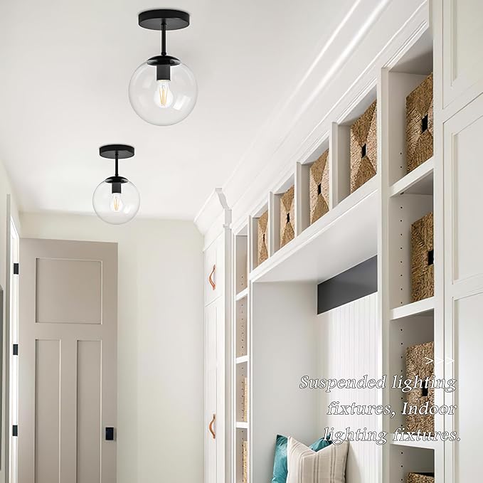 8" Black Semi Flush Mount Ceiling Light Fixture Clear Glass Globe Ceiling Light Fixture Hallway Light Fixture Mid Century Ceiling Light Matte Black Finish for Entryway Foyer Kitchen(Bulb Incl.)