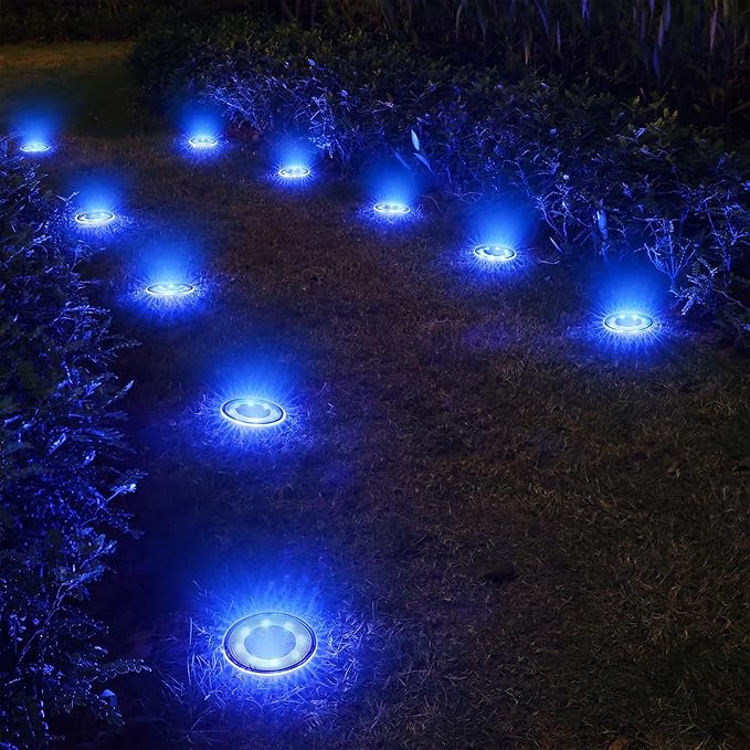 Joomer 2-in-1 Solar Lights Outdoor Waterproof, 16 Pack 8 LED, Blue | Solar Powered Garden Lights Ground Disc Landscape Lighting for Patio Pathway Lawn Yard Driveway Walkway Deck Step