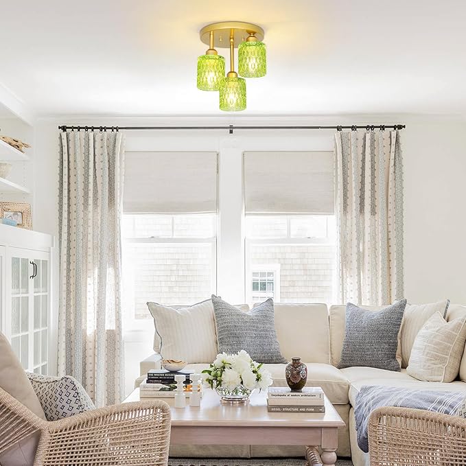3-Light Semi Flush Mount Ceiling Light, Vintage Gold Kitchen Ceiling Light Fixture with Green Glass Shade, Mid Century Modern Close to Ceiling Lighting for Dining Room Hallway Entryway Bedroom