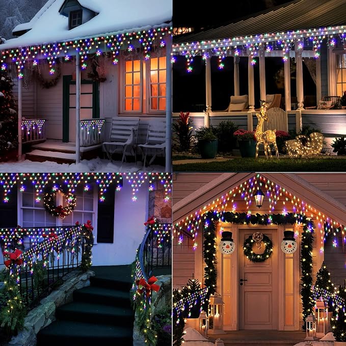 Ramadan Lights Outdoor Decorations 218 LED 13.8ft Star Curtain Fairy Lights with 12 Drops, Clear Wire LED String Light Decor with 8 Modes for Wedding Party Holiday Christmas Home Indoor Outdoor Decor