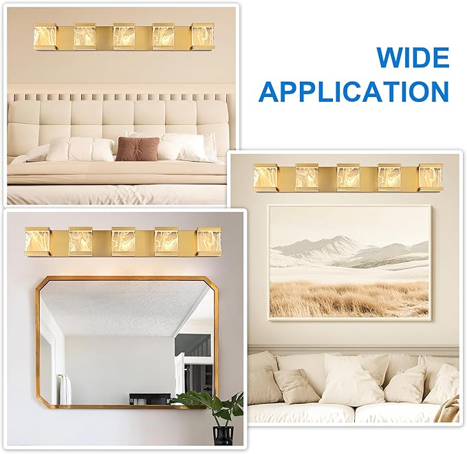 MELUCEE LED Bathroom Lighting Fixtures Over Mirror 25W 3000K Warm Lighting, 5 Lights Brass LED Vanity Lighting Bar with Unique Smoke Acrylic Panel, Wall Sconces for Bath Powder Room Entryway