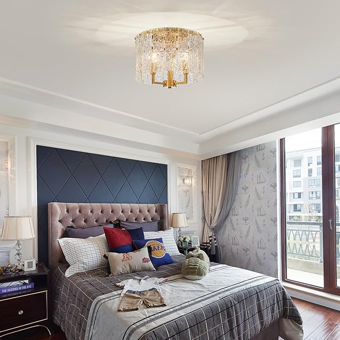 3-Light Modern Ceiling Light for Living Room, Bedroom, Foyer, Kitchen, Close to Ceiling Flushmount Light Fixture, D12.6 x H10.4 in, Handmade Glass Shade & Gold Finish Frame