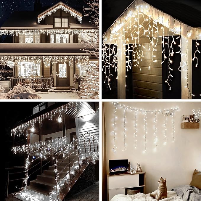Icicle LED Christmas Lights Outdoor, 624 LED 59FT 8 Modes with 96 Drops Cool White Icicle Lights,Outdoor Indoor Fairy String Lights for Christmas Party,Holiday,Wedding Decorations