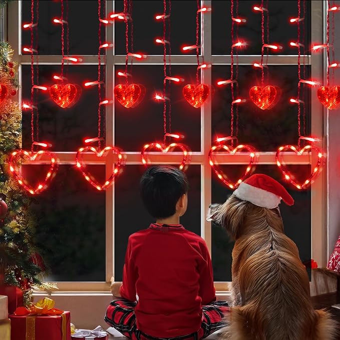 Valentine's Day Red Curtain Lights with 12 Hearts, 138 LED Heart-shaped String Lights 8 Lighting Modes, Plug in Waterproof Valentines Day Lights for Indoor Outdoor Party Wedding Valentine's Day Decor