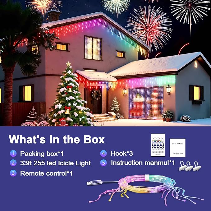 AHAWILL Icicle Lights for Outside,33ft Christmas Lights Outdoor with Dimmable 255LED,IP65 Waterproof,USB Plug in Curtain String Lights with DIY Scene Modes for Party,Roof,Halloween Decor(Multicolor)